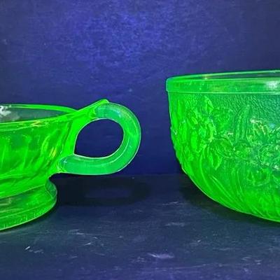 Glowing Depression Glass Juicer and Floral Bowl