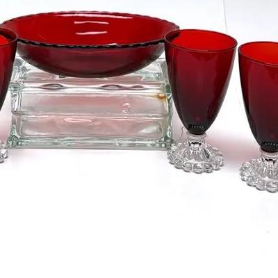 Vintage Ruby Red Wine Glasses and Serving Bowl Set