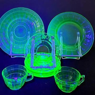 Uranium Glass Plates, Saucers, and Cups
