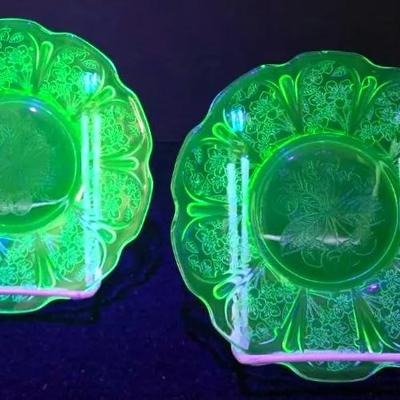 "Jeanette" Cherry Blossom Green Depression Glass Plates