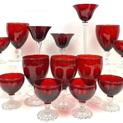 Ruby Red "Anchor Hocking" Bubble Foot Glasses and More 