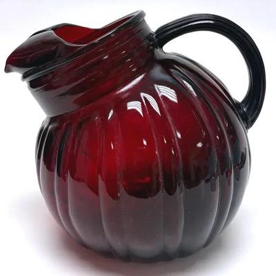 Vintage Anchor Hocking Royal Ruby Swirl Ball Jug 