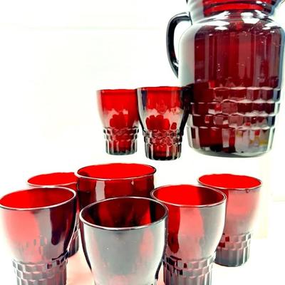 Vintage Glass Royal Ruby Red Pitcher & Tumbler Set  
