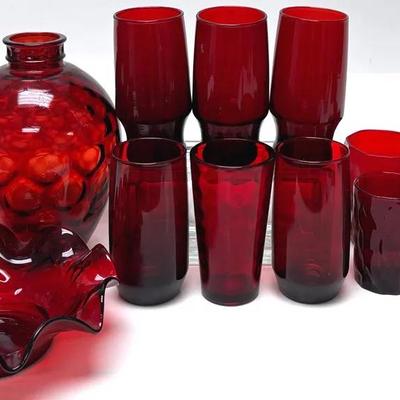 Ruby Red Glassware Collection - Vase, Lotus Bowl & Glasses