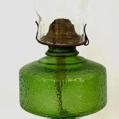 Antique Green Glass Oil Lamp with Chimney