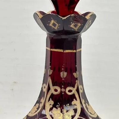 Antique 19th Century Bohemian Ruby Glass Perfume Bottle - Moser Style Gold Gilt and Enamel