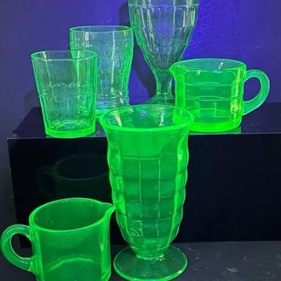 Uranium Glass 6-Piece Collection “Hazel Atlas” “Anchor Hocking”