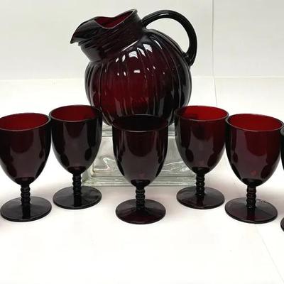 Vintage Anchor Hocking Royal Ruby Red Water Goblets & Pitcher Set