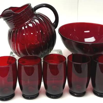 "Anchor Hocking" Royal Ruby Swirl Pitcher Set