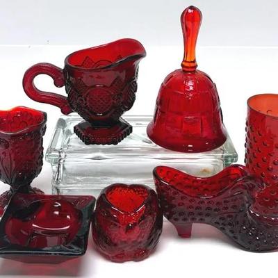 Vintage Ruby Red Glassware Collection: Shoe, Ashtray, Owl, Bell, Pitcher, Goblet, Cup