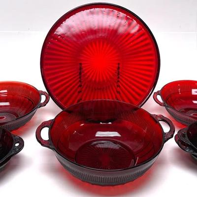 Vintage Ruby Red Glassware Set - Bowls & Cake Plate