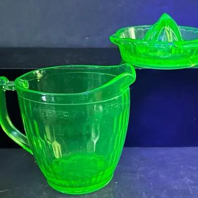 Vintage "Hazel Atlas" Green Uranium Glass Juicer and Pitcher Set