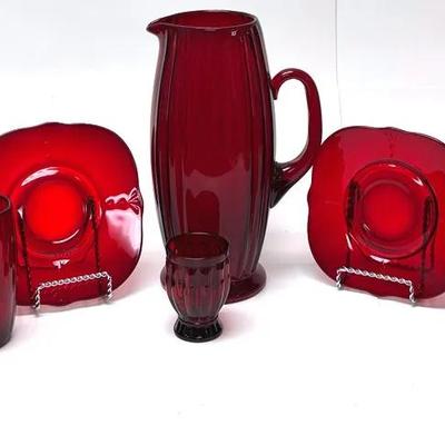 Ruby Red Glassware Set - Pitcher, Plates, Cups & Goblet