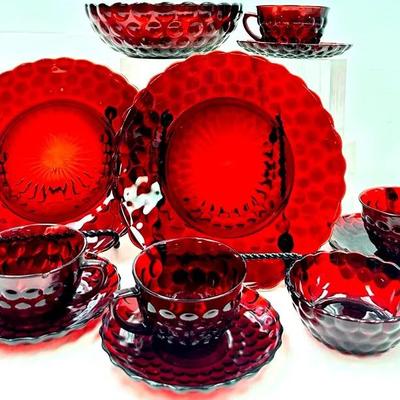 Vibrant 12-Piece Vintage Ruby Bubble Glassware- Mid-Century Modern
