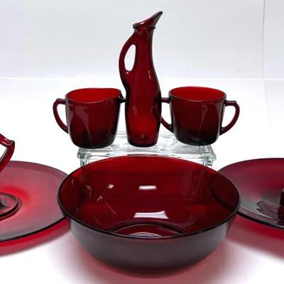 Vintage Ruby Red Glassware Set - Pitcher, Trays, Bowl, Creamer & Sugar