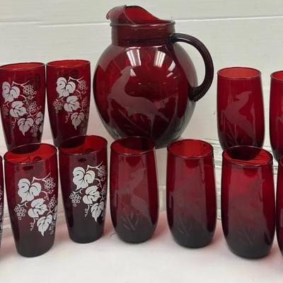 Vintage Ruby Red Glass Pitcher and Tumblers