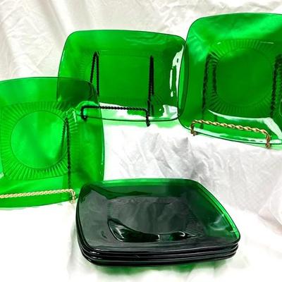 Vintage Emerald Green Glass Square Plates and Serving Platter 