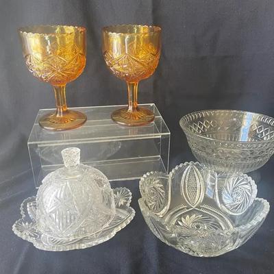 2 Large 1970's Amber Glass Goblets And 3 Pressed Glass Serving Pieces