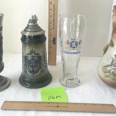 German Steins and Beer Glass, French Hand-Painted Ceramic Gourd