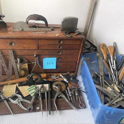 Large Set Of Vintage Machinist Tools With Vintage Wooden Toolbox