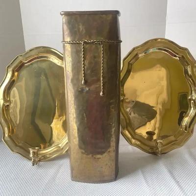 Pair of Brass Wall Sconces and Brass Umbrella Stand