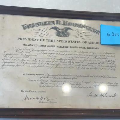 Vintage Postmaster Commission With Original Signature Of Franklin D Roosevelt