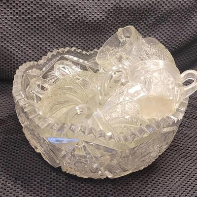vintage Imperial Glass Whirling Star clear, pressed glass punch bowl set. 