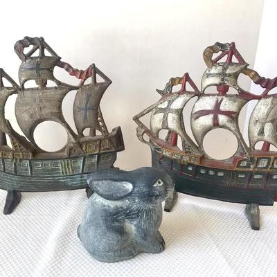 2 Cast-Iron Ship Doorstops and a Cast Iron Bunny Doorstop or Garden Ornament
