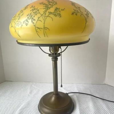 Vintage Brass Lamp With Painted Glass Shade