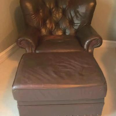 Brown Leather Chair & Ottoman 