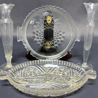 Vintage Cubbed Pattern Cookie Plate, Cut Glass Divided With Handles Dish, & 2 Vases
