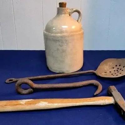 Antique Beige Stoneware Jug, Antique Skimmer, Tack Hammer, & Hook