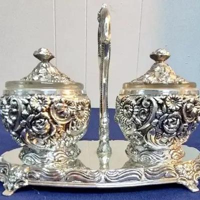 Vintage Harrison Fisher Silver Plated Floral Condiment Caddy 