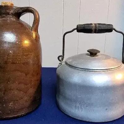 Antique Brown Stoneware Jug & Vintage Comet Aluminum Tea Kettle With Wooden Handle 