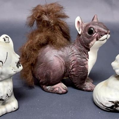 Pair of Miniature Cat Figurines And Miniature Squirrel Figurine 