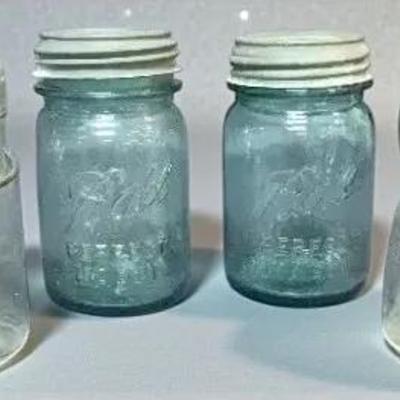 Vintage Blue Glass Mason Jars With Lids, Ball Jar & Atlas Jar