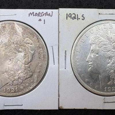 Two 1921 Morgan Silver Dollars 