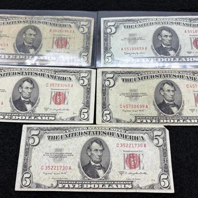 Five Red Seal $5 US Notes