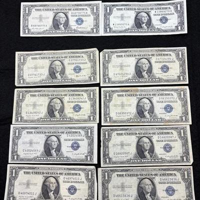 Ten $1 Dollar Silver Certificates 