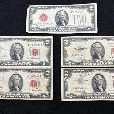 Five $2 Red Seal United States Notes 
