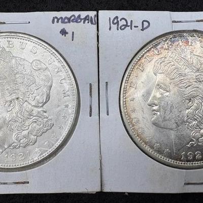 Two 1921-D Morgan Silver Dollars 
