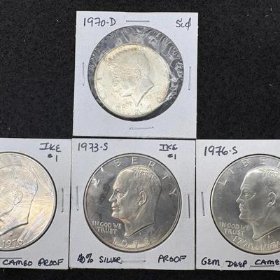 3 Eisenhower Proof Dollars , 1 Kennedy Silver  1/2 Dollar Proof 
