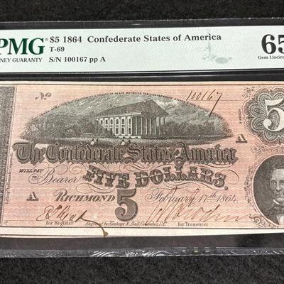  1864  $5 Confederate Note...PMG 65