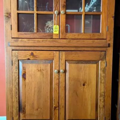 Pine Display Cabinet with Glass-Front Upper Doors