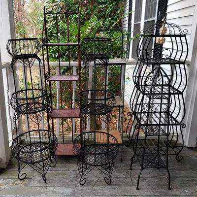 Six Black Wrought Iron Garden Étagères and Plant Stands with Scrolled Details