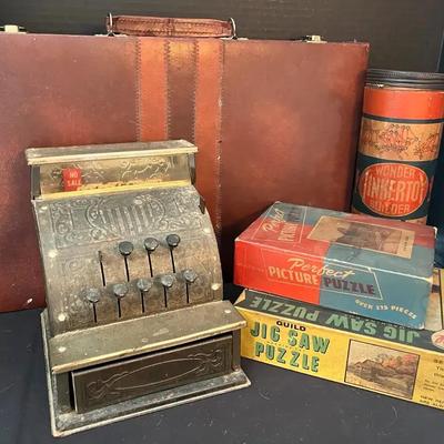Vintage Toys - Benjamin Franklin Toy Cash Register, Backgammon, Tinker Toy Builder Set, & Puzzles