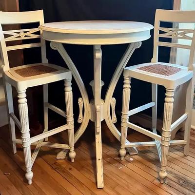 White Distressed Farmhouse Pub Table with Pair of Cane-Seat Bar Stools