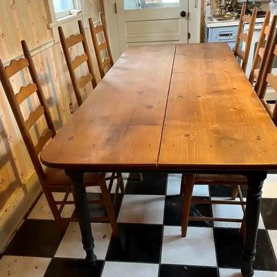 Wooden Farmhouse Dining Table with Four Rush-Seat Chairs