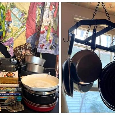 Le Creuset Frying Pan, Cake Pans, Cookbooks & Hanging Pot Rack