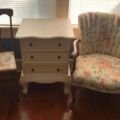 Painted Three Drawer Nightstand with Floral Chairs
